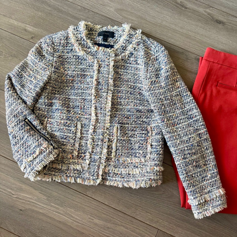 J. Crew Multicolor Tweed Fringe Collar Jacket